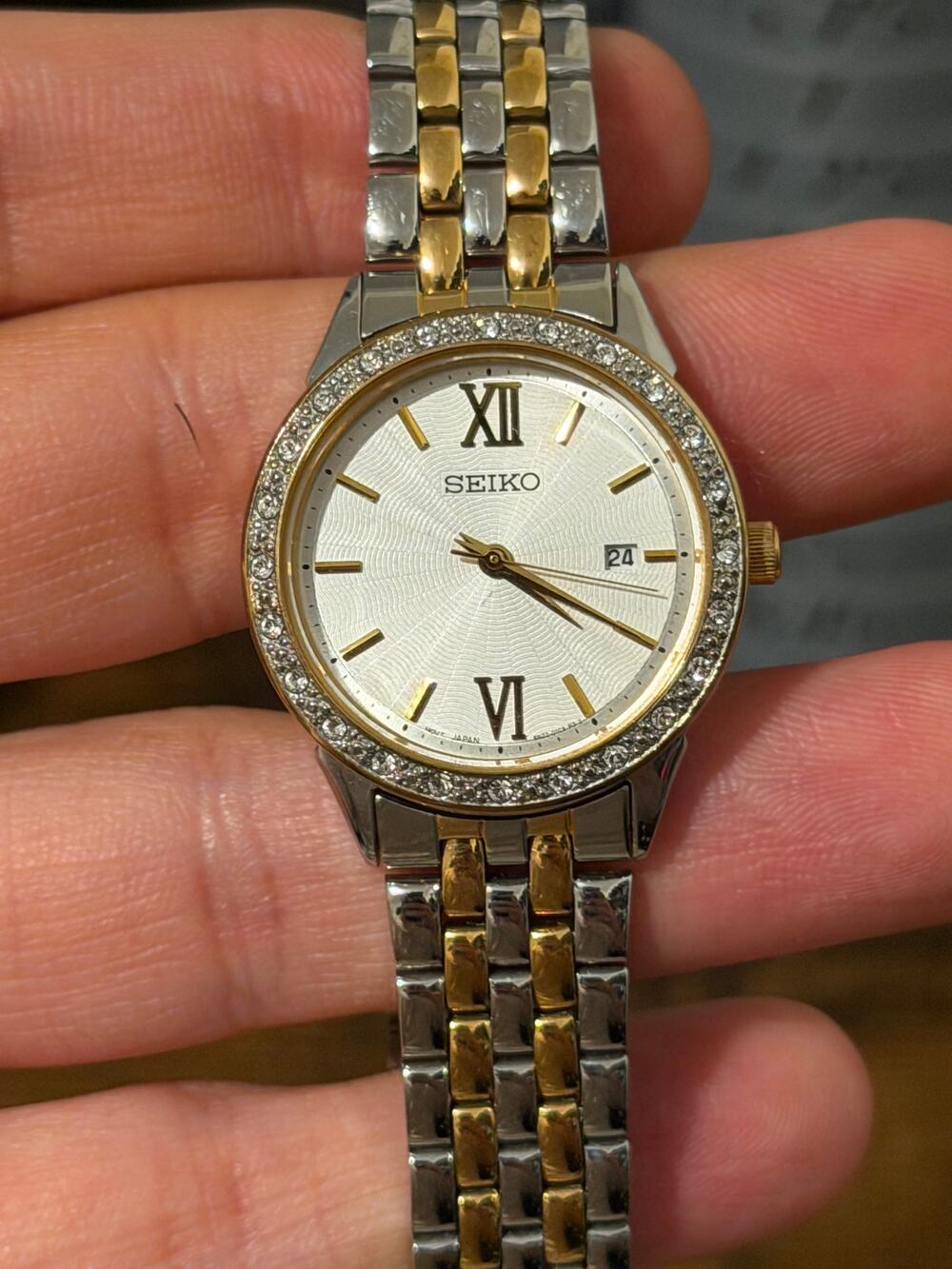 Seiko Two-Tone Crystal Accented Mother of Pearl Dial Women's Watch 28mm Date
